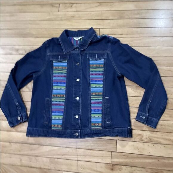 TANTRUMS Jean Jacket Women M Rainbow Boho Floral Tribal Aztec Western Blue Denim - Picture 14 of 16